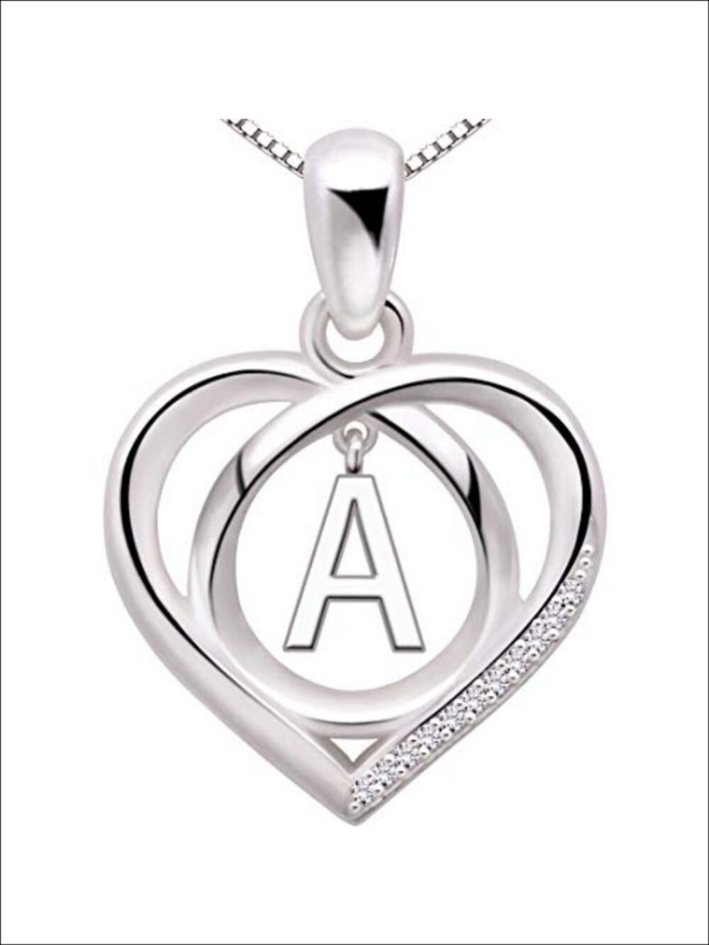 Sterling Silver Initial Letter Love Heart Cubic Zirconia Pendant Necklace